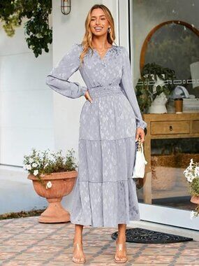 Womens Casual Long Sleeve Dress Fall Elegant Wedding Guest V-Neck Maxi Floral Dr